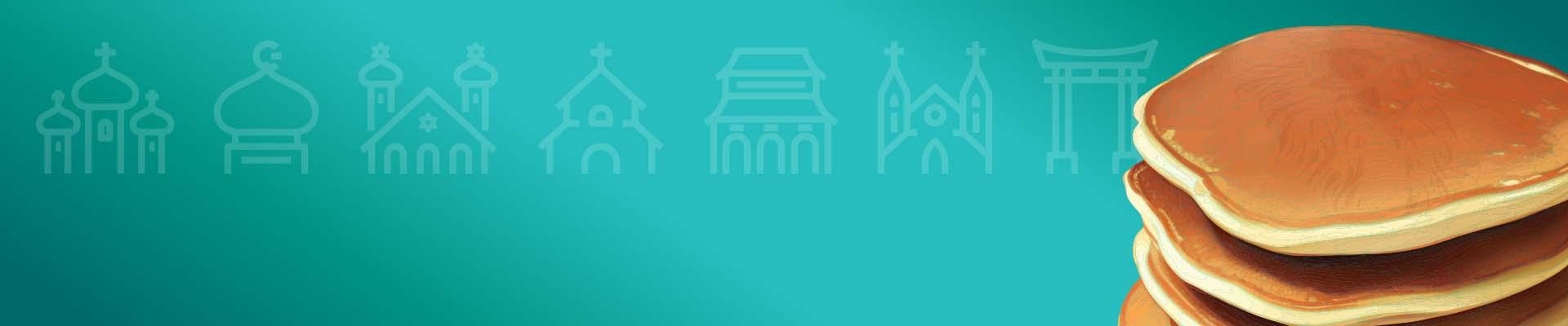 Symbols of churches and stack of pancakes