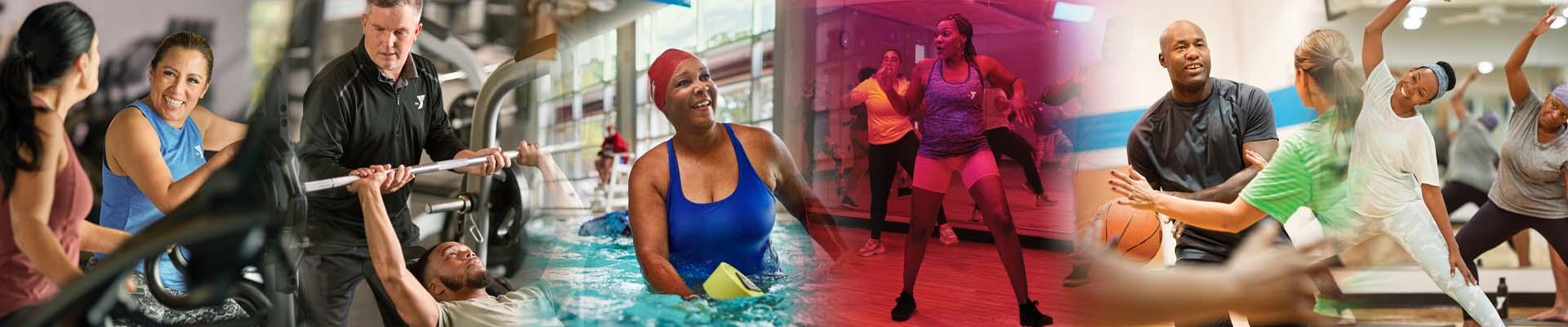 Collage of photos of members working out at the Y