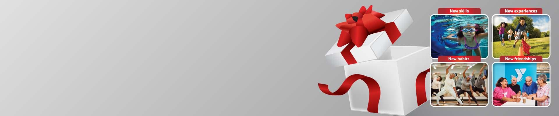 White gift box with red ribbon and 4 images of YMCA benefits