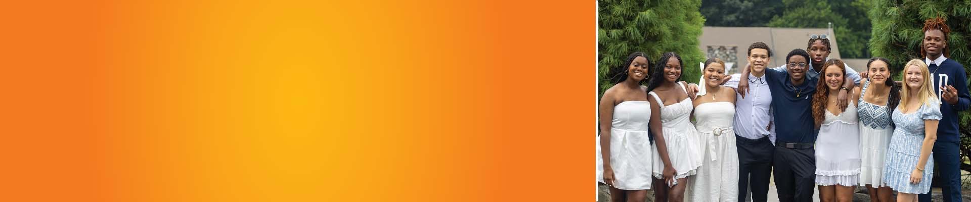 Orange gradient banner with a diverse group of professional teen leaders