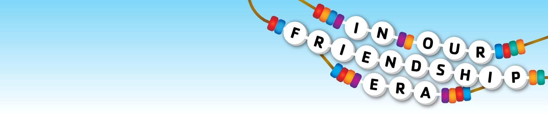 Blue and white gradient image with friendship bracelet graphics