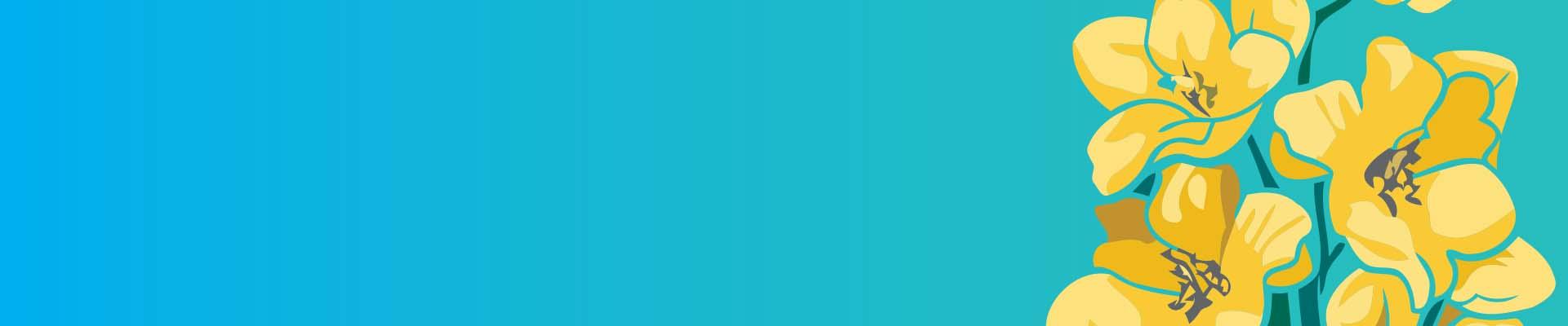 Turquiose gradient background with yellow flowers on the right side.