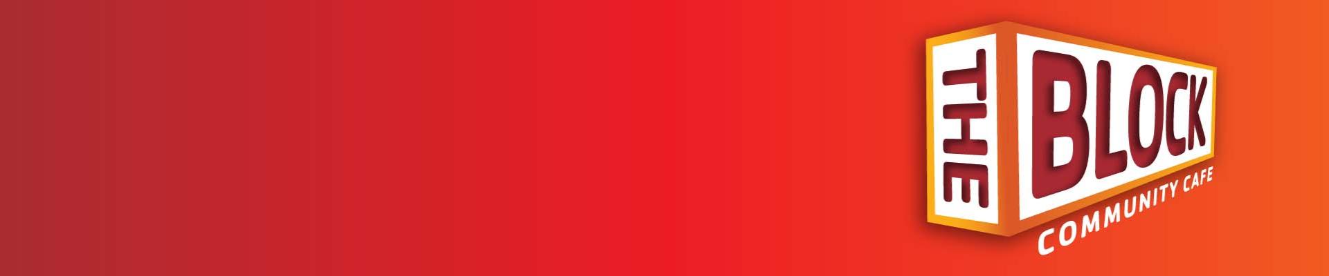 Red gradient banner for the Block Community Cafe at Blocker Norfolk Family YMCA