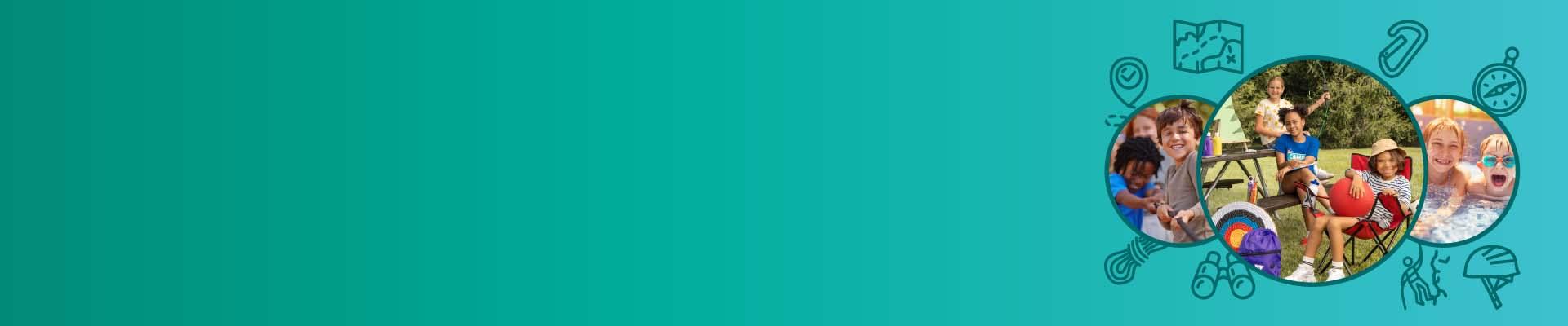 Green gradient banner with circular images of camp kids and graphic icons surrounding the images