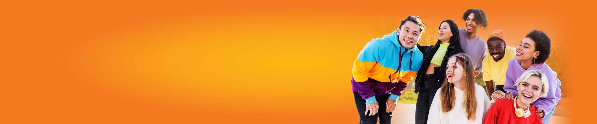 orange gradient banner with teen kids having fun