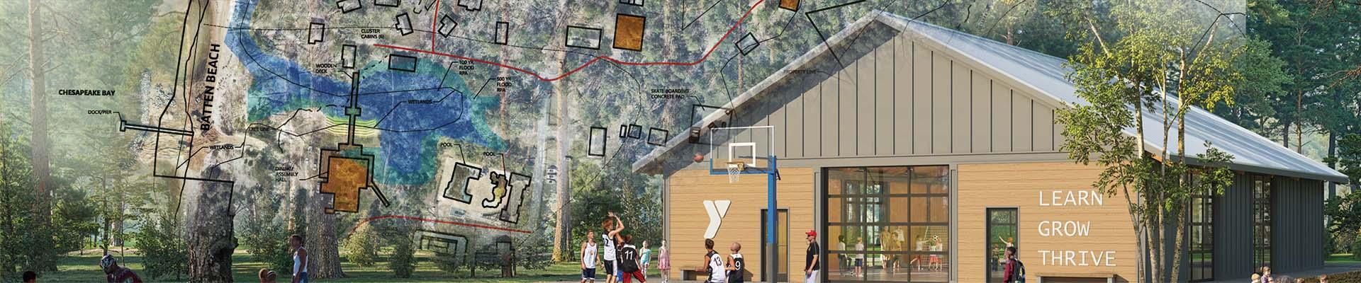 YMCA Camp Silver Beach new model rendering with beach
