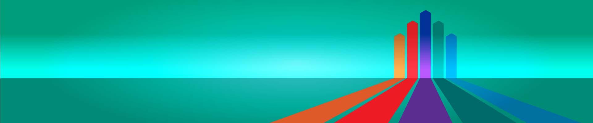 Green gradient banner with colorful pillars