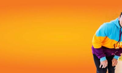 orange gradient banner with teen kids having fun