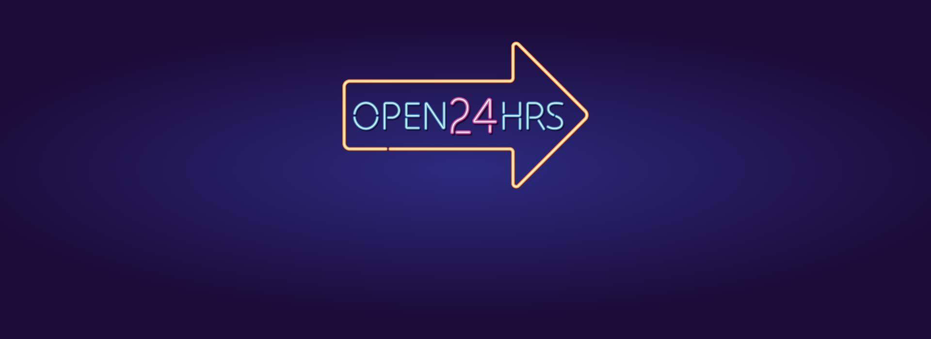 Dark blue background with a neon arrow sign that reads Open 24 Hours