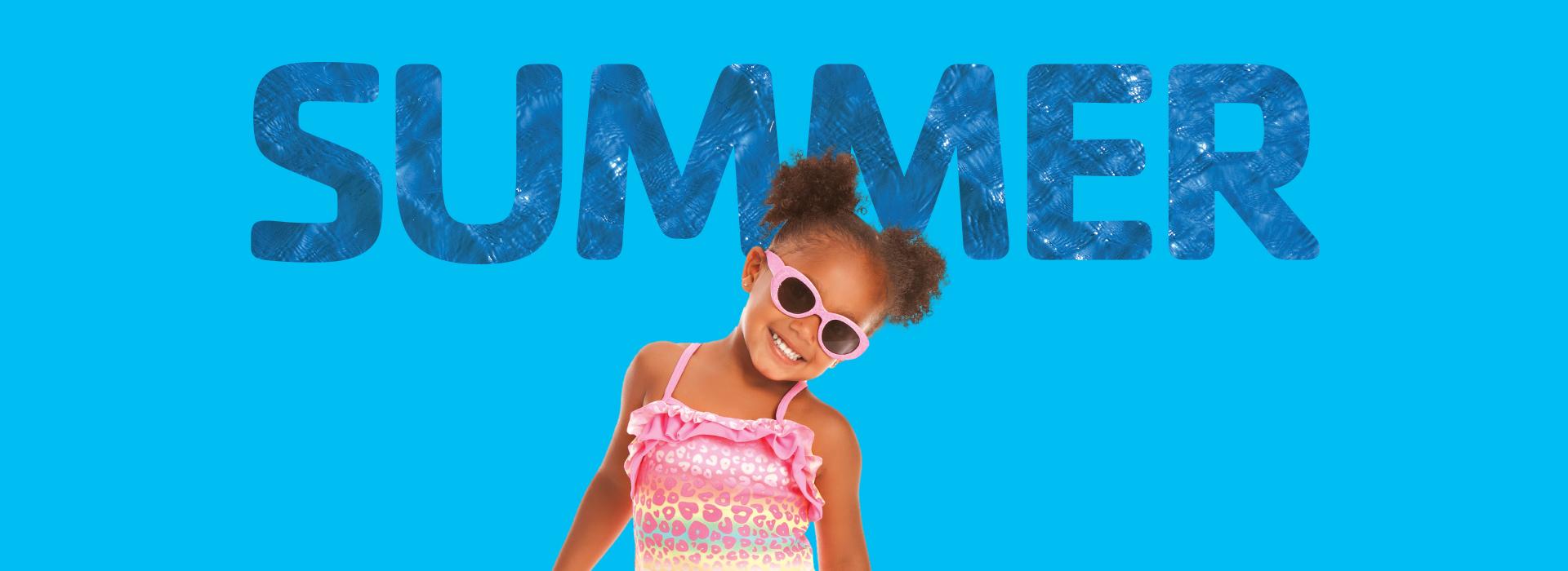 Blue background with the words SUMMER large and textured with pool water, with a smiling little girl in swimsuit and sunglasses