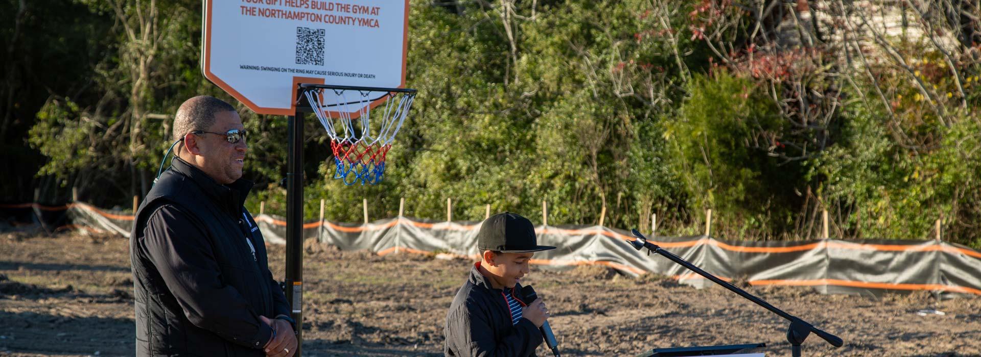 Young basketball player speaking at the groundbreaking for the Northampton County YMCA gymnasium