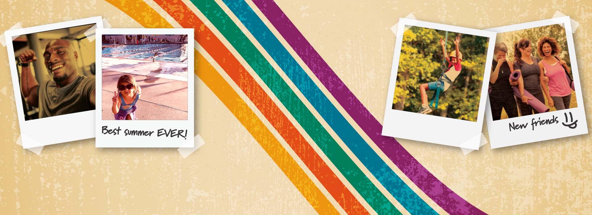 retro background with polaroid style photos of fun summer activities at the Y
