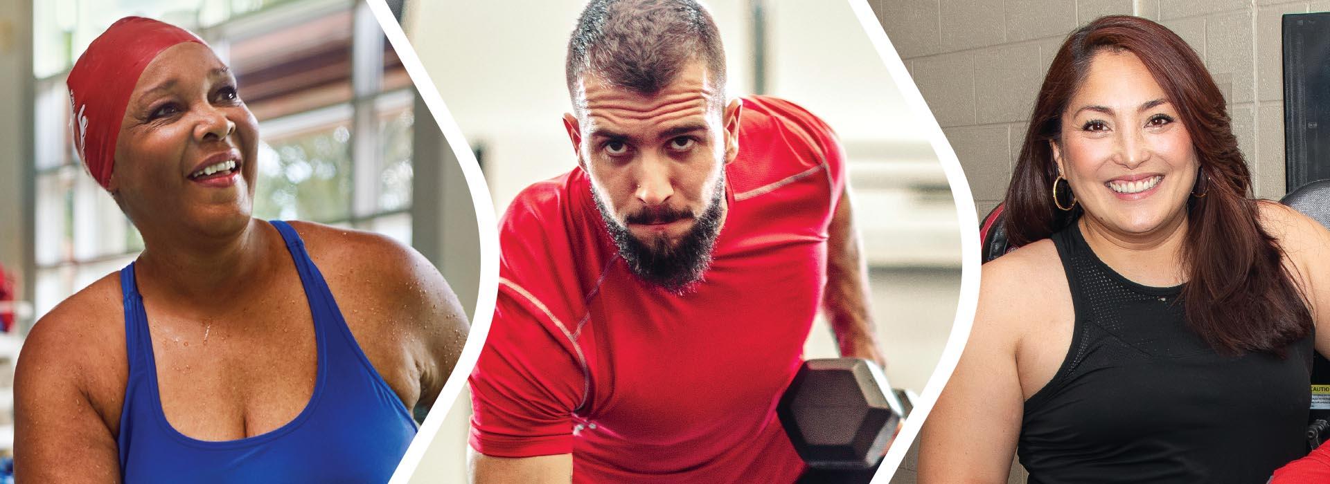 Three people at the Y: African-american woman with swimsuit and cap; man with beard and dumbbell and woman with tank top
