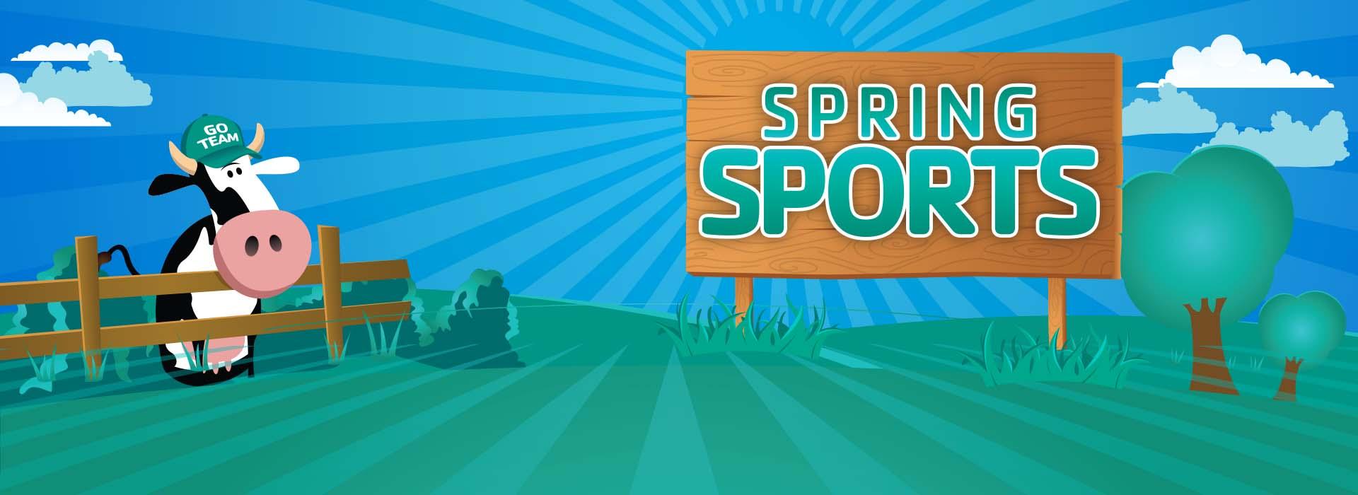 Springs Sports banner with a cow and a sign on a farm