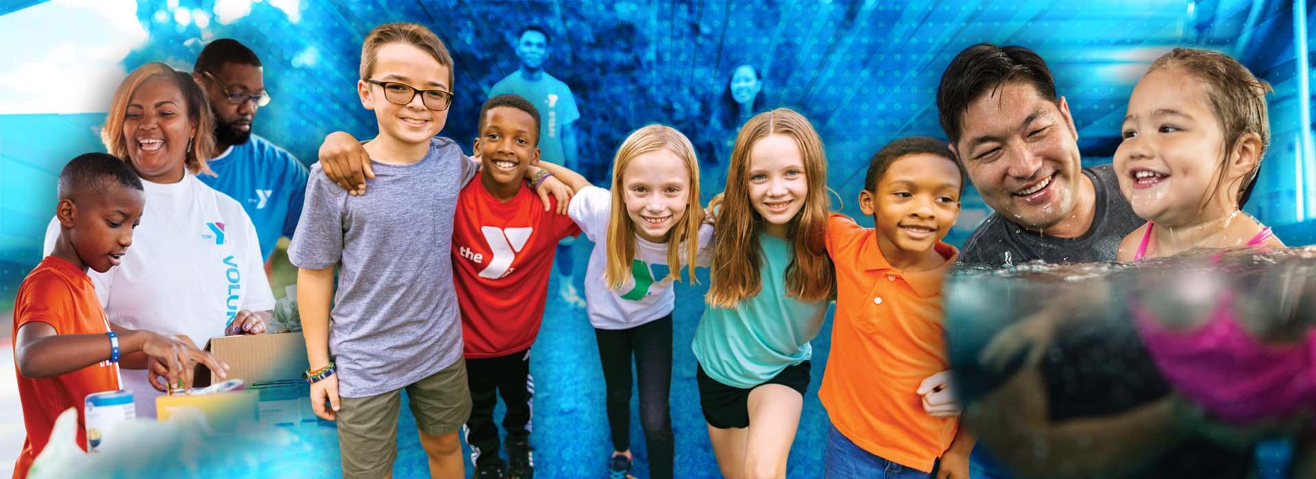 Collage of volunteer family, kids with arms around each other and swimmers, all smiling and connecting at the Y