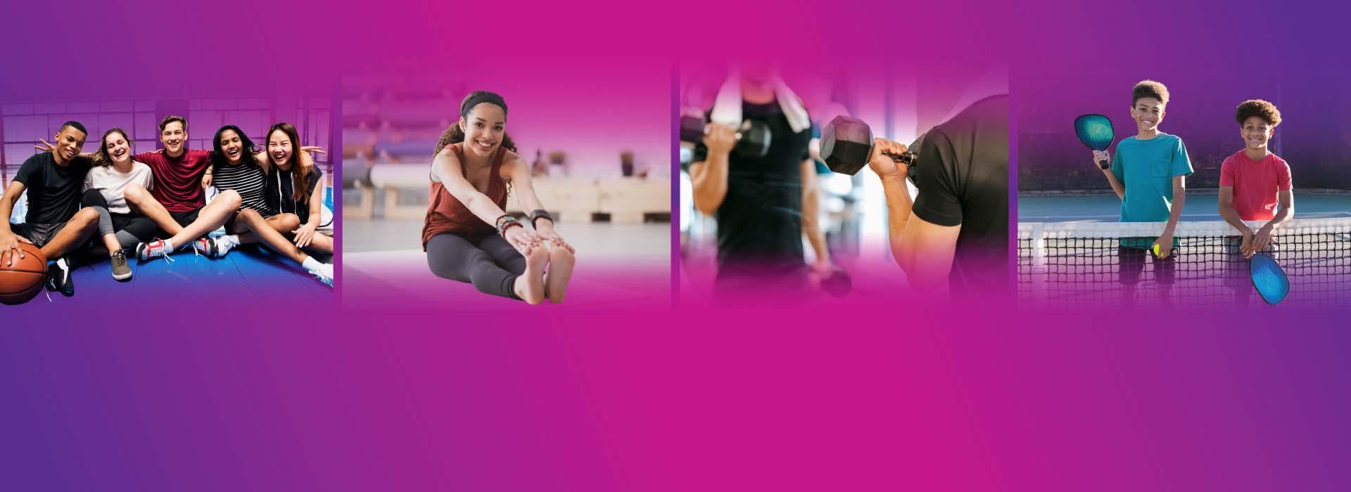 4 image collage of teens doing sports and fitness activities on a purple and pink gradient background.