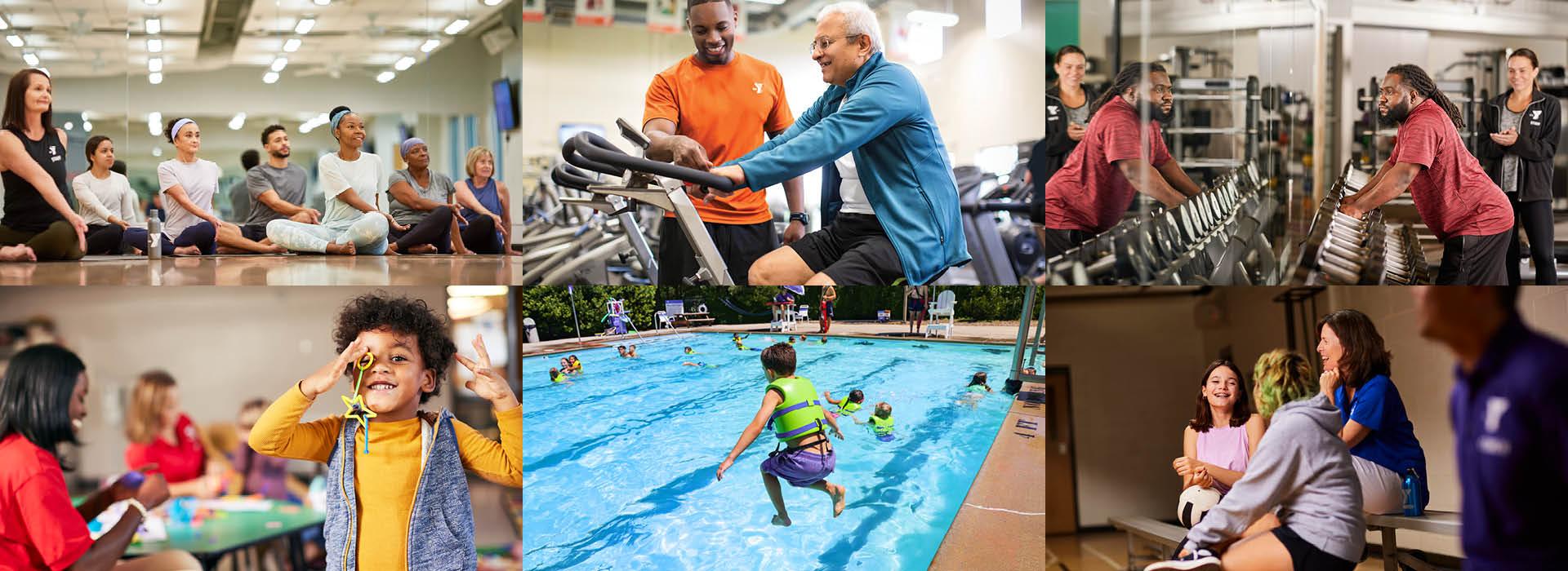 Collage of members in fitness and fun activities at the Y. Activities include yoga class, cycling, free weights, child care, swimming and sports.