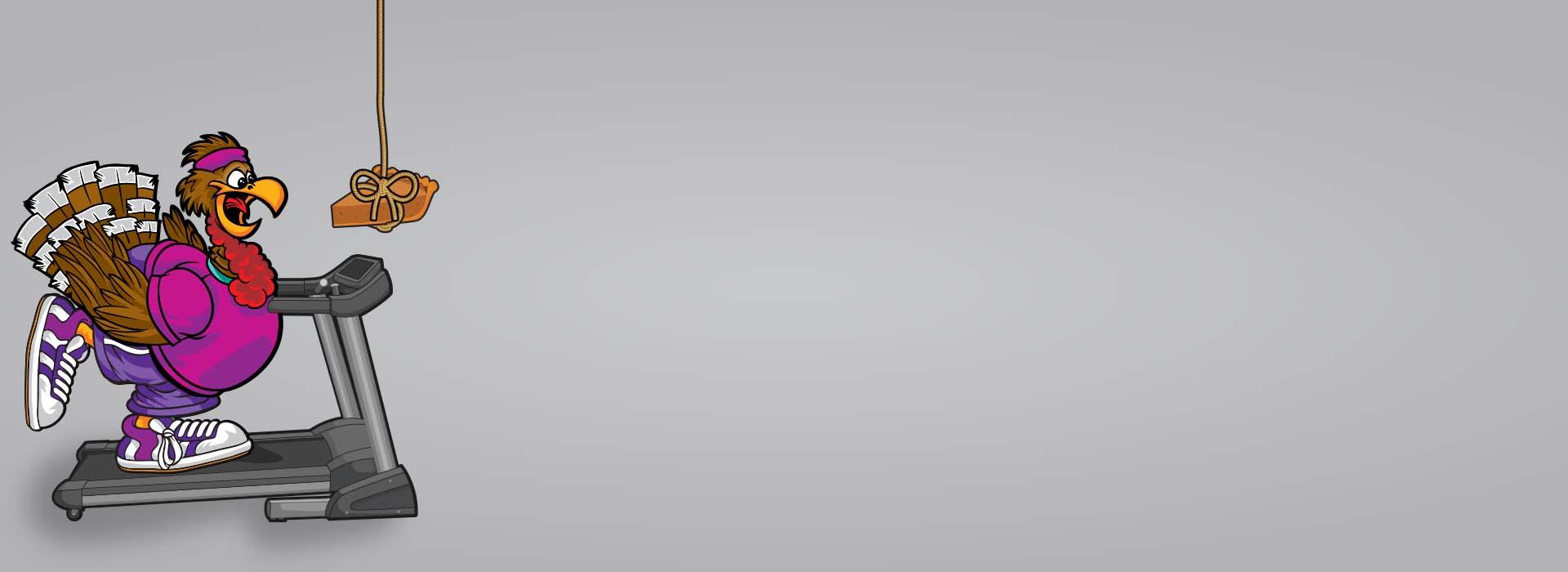 Turkey running on treadmill toward pie