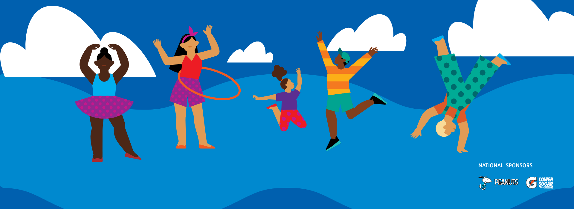 Blue illustrated graphic with diverse kids enjoying healthy fitness activities