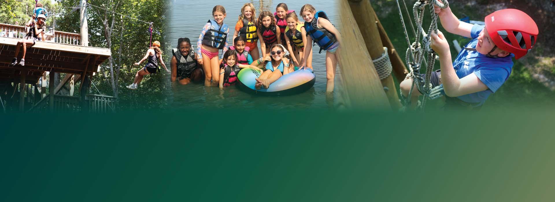 YMCA Camp Silver Beach green gradient banner with kids at camp