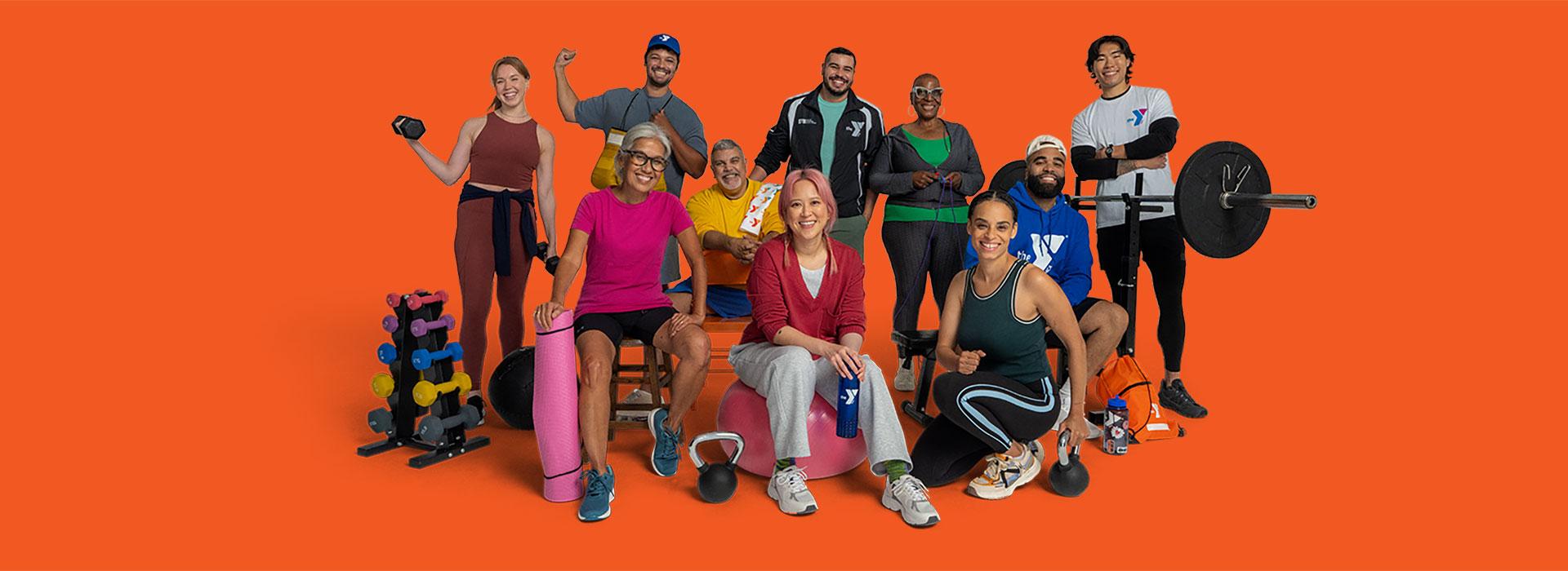 Group of YMCA members on orange background